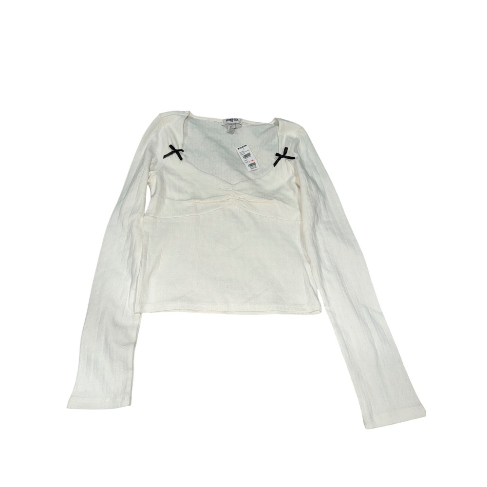 RSQ Cream Ribbed Square Neck Long Sleeve Top with Bows‎ Size Large